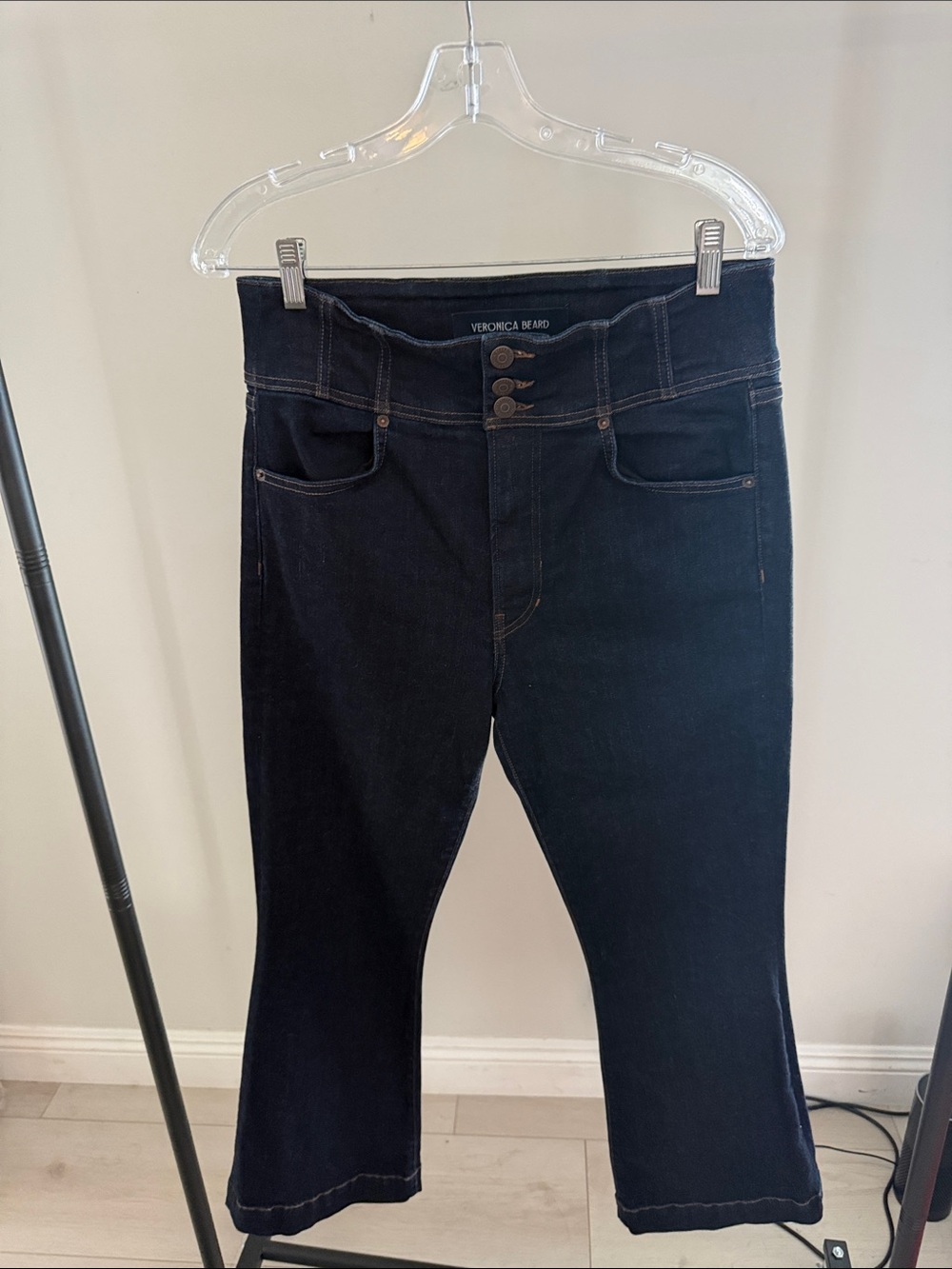 Veronica Beard Navy High-Rise Triple-Button Jeans
